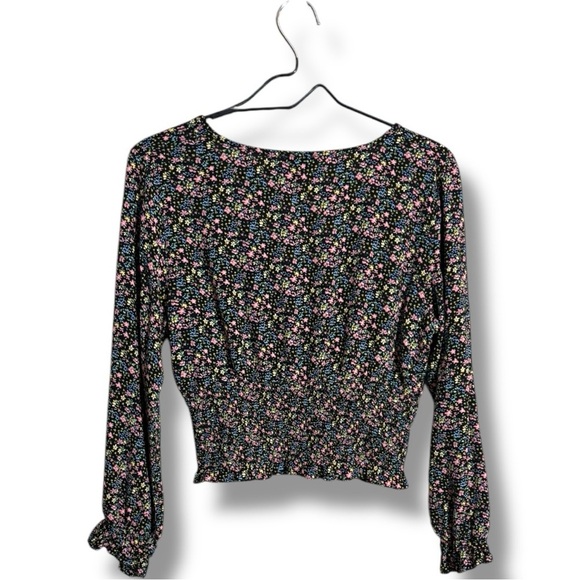 Paper Crane Black with Vibrant Pink and Yellow Floral Long Sleeve Wrap Blouse - Picture 14 of 16